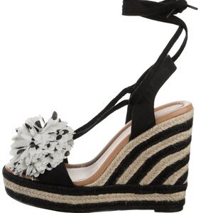 kate spade Black and White Floral Pom Espadrille Wedge Sandals